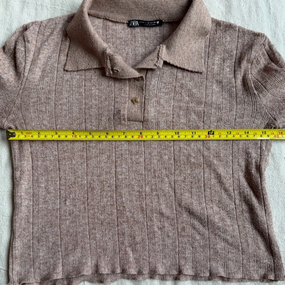 Zara Taupe Ribbed Long Sleeve Polo Top - Picture 8 of 9